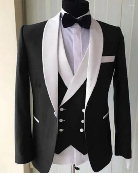 Trajes de hombre Sastre Negro Hombres 3 piezas Chaqueta Pantalones Chaleco Blanco Mantón Solapa Blazer Pantalones Traje Novio Conjunto de boda Cena Ropa de fiesta