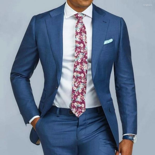 Costumes pour hommes sur mesure bleu hommes coupe ajustée classique un bouton de mariage 2 pièces affaires formelle marié veste de smoking pantalon Ternos