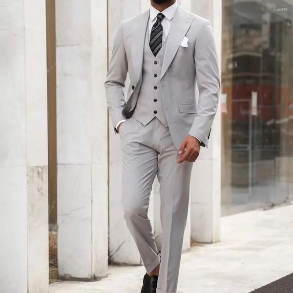 Costumes pour hommes sur mesure gris longueur régulière simple boutonnage revers en pointe mariage formel 3 pièces veste pantalon gilet soirée