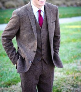 Herenpakken op maat herfst bruin tweed voor mannen 3-delig mannelijk visgraat jasje bruiloft bruidegom kleding slim fit kostuum gemaakt