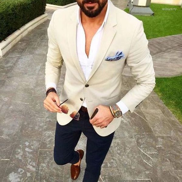 Trajes de hombre a medida Beige marfil hombre Blazer azul marino pantalones Casual boda para hombres Slim Fit esmoquin novio Terno Masculino