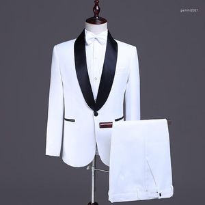 Costumes pour hommes sur mesure blanc brillant noir revers hommes marié Tuxedos bal mariage Slim Fit Terno Masculino Blazer 2 Pc (veste pantalon)