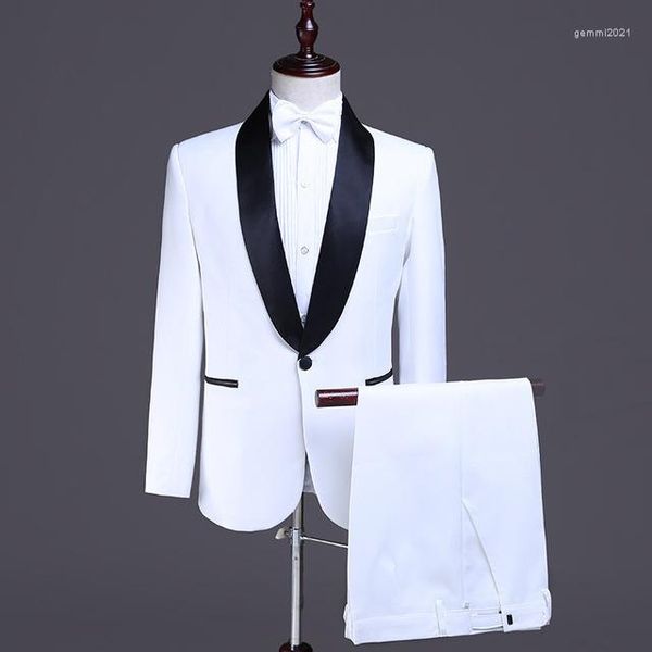 Trajes para hombres Hechos a medida Blanco brillante Solapa negra Hombres Novio Esmoquin Prom Boda Slim Fit Terno Masculino Blazer 2 piezas (pantalones de chaqueta)