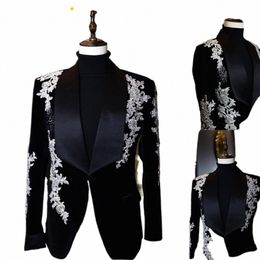 Costumes pour hommes sur mesure One Piece Veet Blazer One Butt Large Satin Revers Perles Appliques Mariage Formel Custom Made Plus Taille S5TC #