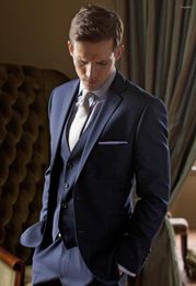 Trajes para hombre, la última versión de traje azul profundo para hombre, vestido de baile para novio (chaqueta, pantalones, chaleco), traje terno Masculino para hombre