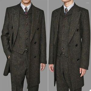 Costumes pour hommes Épais Chaud Tweed Laine Hommes 3 Pcs Custome Homme Mariage Marié Terno Masculino Slim Fit Smoking Blazer Longue Veste Pantalon Gilet