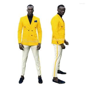 Costumes pour hommes Thorndike 2023-Latest-Casual-Design-Yellow-Jacket-White-Pants-Men-Wedding-Suit-Male-Terno-Slim Fit-Custom