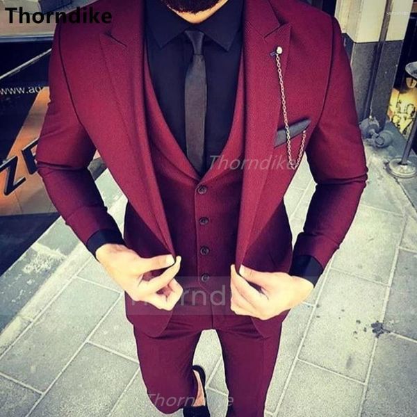 Trajes De hombre Thorndike 2023 vino rojo ajustado traje De boda graduación Novio esmoquin hombres 3 piezas (chaqueta pantalón corbata) Traje De Novio Para