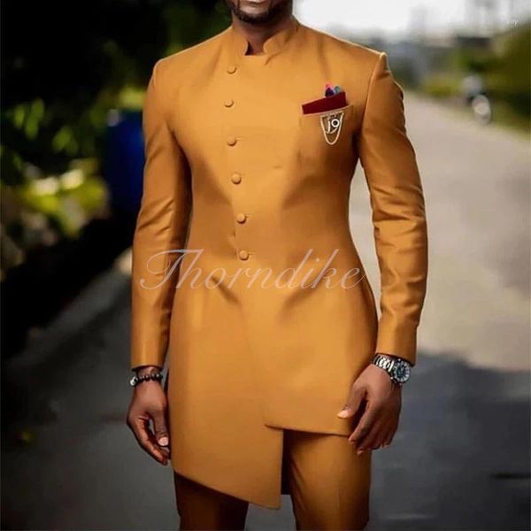 Trajes de hombre Thorndike Marrón Dorado Slim Fit Traje de boda con cuello alto Novio Esmoquin 2 Chaquetas Pantalones Novio.