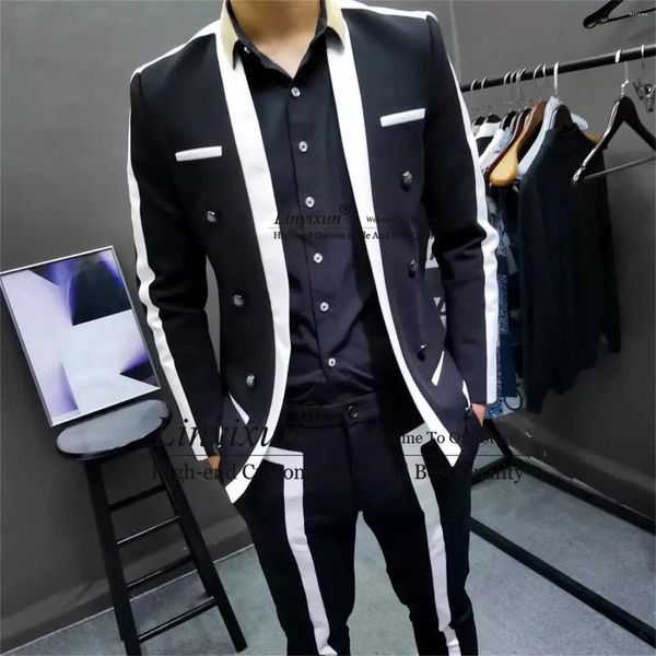 Costumes masculins Trajes de Hombre Contraste Stripe Blalck White Fashion Men Slim Fit Mâle de mariage Male Tuxedos 2 pièces Set Costume Homme