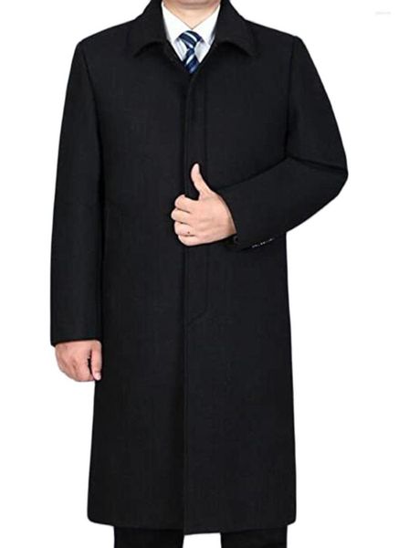 Trajes para hombres Cuello vuelto Rompevientos negro para hombres Hecho a medida Un solo pecho 50% Mezcla de lana Prendas de abrigo largas de invierno Solo una chaqueta