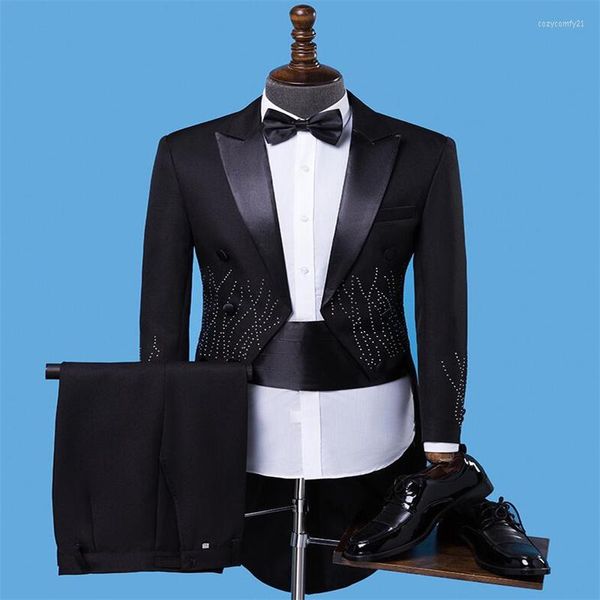 Trajes de hombre Esmoquin Blazers de hombre Chaquetas de diamantes Negro Adulto Delgado Vestido de doble botonadura Cuello de solapa Traje de rendimiento blanco Homme