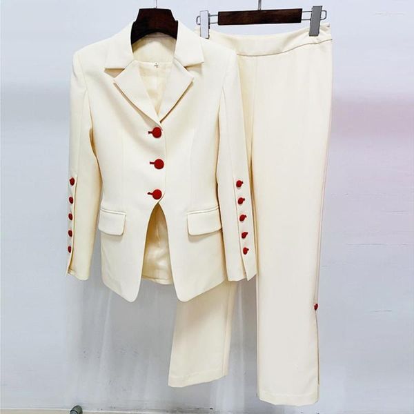 Trajes de hombre, conjuntos de dos piezas, Blazer, pantalones, Beige, oficina para mujer, botón rojo de un solo pecho, trajes de sastrería personalizados, traje Formal