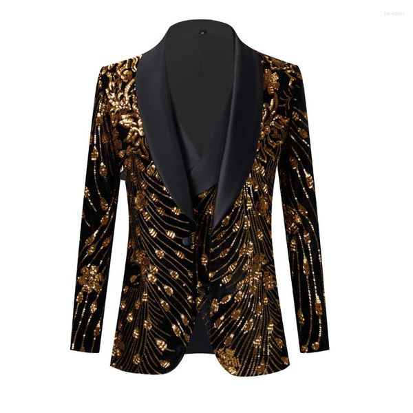 Costumes pour hommes Taille américaine Black Gold Blazer Blazer pour hommes Mode Brillant Glitter Costume Veste Col Châle Mariage Party Stage Costume Manteau Gilet