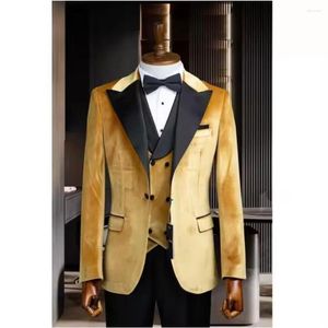 Costumes pour hommes velours longueur régulière 3 pièces noir pointe revers formel tailleur veste pantalon gilet ensemble complet mariage marié robe de bal