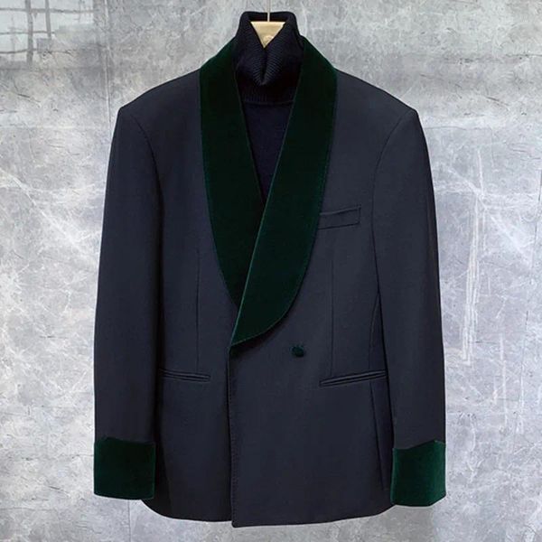 Trajes de hombre de terciopelo empalme traje de boda chaqueta verde chal cuello vestido Formal hombres Blazer elegante banquete novio Homme Slim Fit