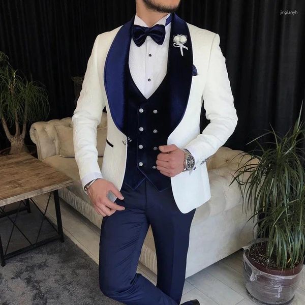 Costumes pour hommes velours blanc Jacquard Style hommes 3 pièces concepteur smoking fête de mariage élégant formel mode sur mesure Blazer