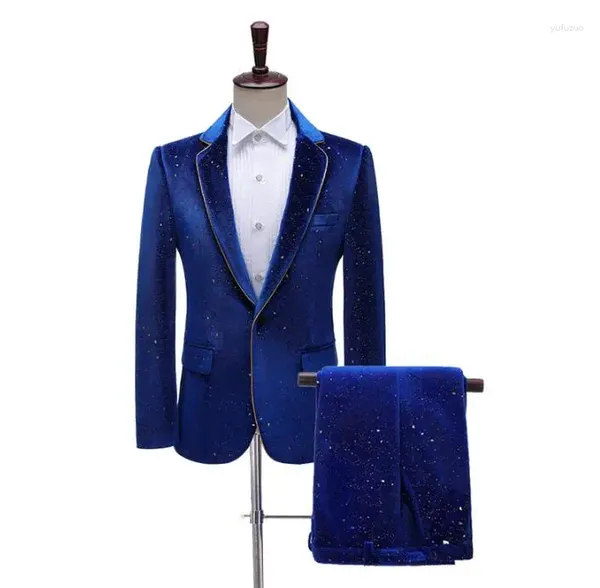 Costumes pour hommes Velveteen Bronzing Trim Blazer Hommes Designs Veste Hommes Costumes de scène pour chanteurs Vêtements Dance Star Style Robe Bleu