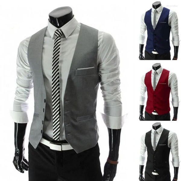 Trajes de hombre Chaleco Traje para hombre Casual Sin mangas Bolsillos Color sólido Hombres Ropa de trabajo de negocios formal Chaleco estilo Inglaterra Ropa de boda