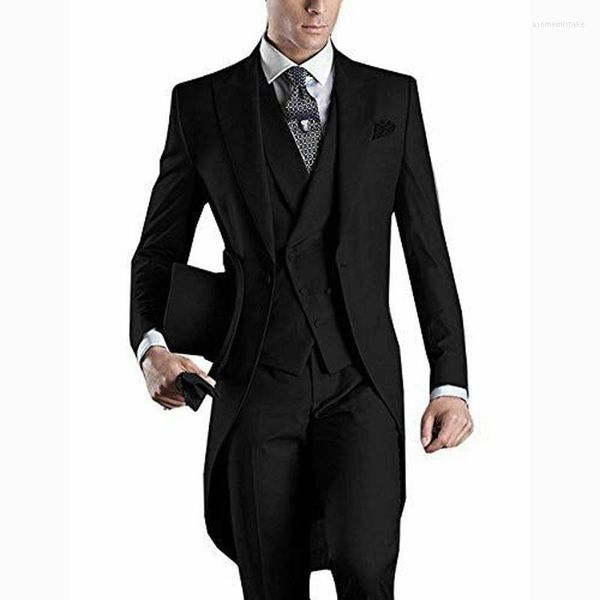 Costumes pour hommes Vintage noir Tailcoat longue veste matin fête hommes Costume Mariage Homme 3 pièces Slim Fit Terno Masculino marié Tuxedos