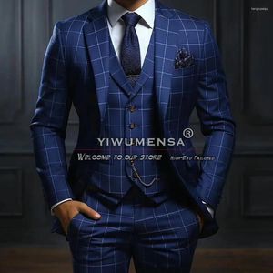 Costumes pour hommes Business Vintage Men Navy Navy Striped Plaid Veste Veste Veste Pantalon 3 pièces Prom Blazer Fabriqué sur mesure Tuxedos de mariage du marié sur mesure