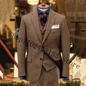 Herenpakken Vintage Visgraat 3 Stuks Formele Bruidegomkleding Gekerfde Revers Twee Knoppen Mannelijke Bruiloft Smoking Trajes De Hombre