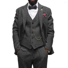 Herenpakken vintage visgraat mannen grijs bruiloft tuxedo trajes para hombre tweed woolblends blazers dikke bruidegom diner prom jurk