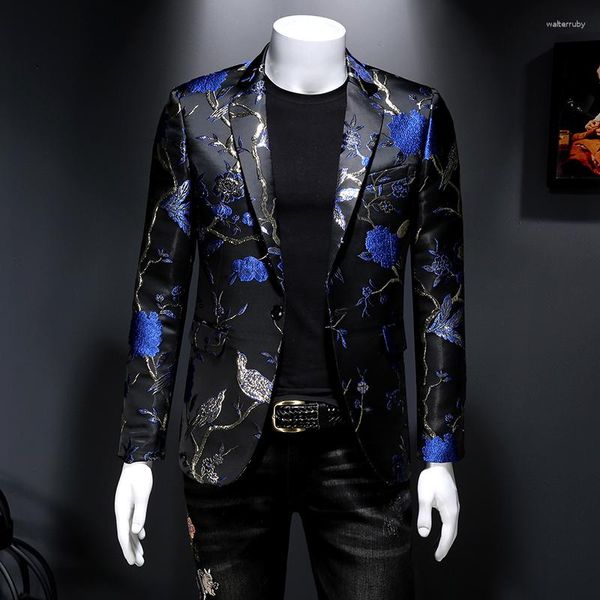 Costumes pour Hommes Vintage Jacquard Blazers Hommes 2023 Fleur Slim Fit Blazer Veste Hommes Mariage Club Robe De Soirée Costumes De Chanteurs