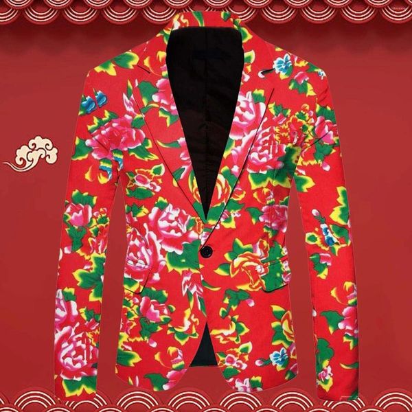 Trajes para hombres Traje con botones de solapa vintage Blazers Hombres Chaqueta de manga larga Abrigo Ropa de moda Estampado de flores Trajes casuales Estilo chino