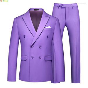 Trajes de hombre Violeta Doble botonadura Hombres Color sólido Traje Abrigo / Boda delgada 2 piezas Blazers Chaqueta Pantalones Pantalones M-5XL 6XL