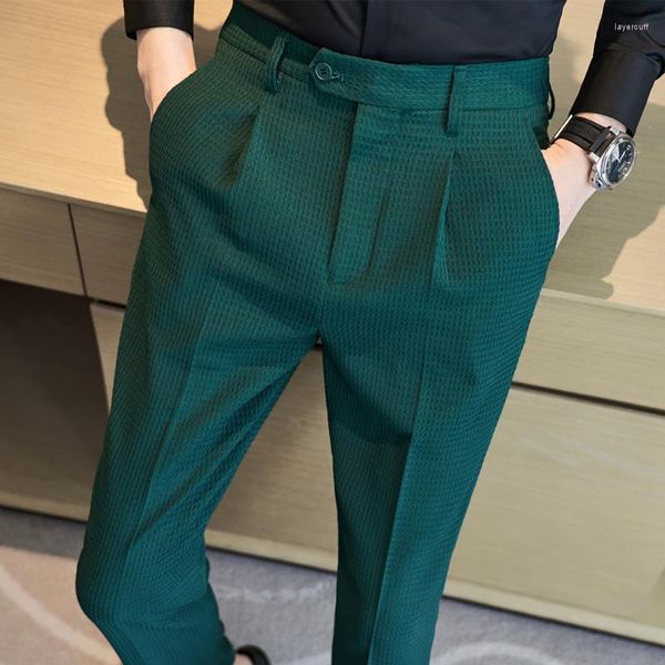 Trajes de hombre Waffle Casual traje pantalón 2023 primavera hombres cintura elástica pantalones clásicos formales verde negro blanco Oficina Social pantalones delgados Homme