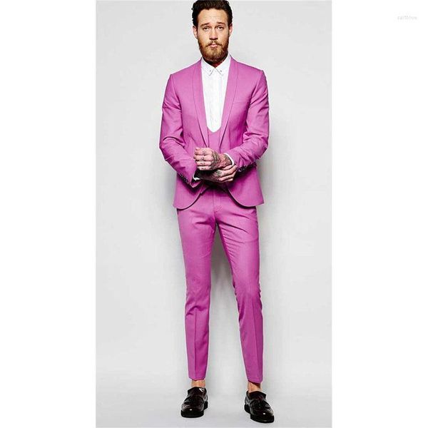 Trajes para hombre Vestidos de novia Rosa Slim Fit Conjuntos de chaqueta para novio Hombre Fiesta de graduación Ocasiones formales Ropa 3 piezas (chaqueta chaleco pantalones)