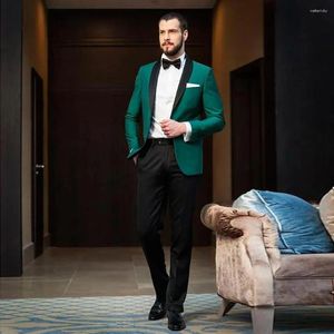 Costumes pour hommes, Blazer vert de mariage, pantalon noir, châle à revers, coupe cintrée, élégant, Business, veste 2 pièces, tenues de fête de bal, 2024