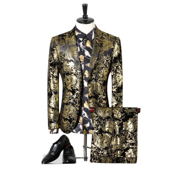 Costumes pour hommes mariage marié marié Costume robe noir or fleur mode mince scène Costume veste pantalon deux pièces Blazers