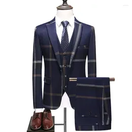 Trajes de boda a cuadros para hombre, Blazers azules y grises, chaqueta, pantalones, chaleco, conjunto de 3 uds., vestido de esmoquin de negocios ajustado, abrigo Formal clásico 2023