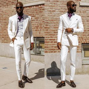 Herenpakken Trouwpak Voor Mannen Witte Double-Breasted Blazer Sets Slanke Custome Bruidsjonkers Bruidegom Satijn Elegante Jurk Tuxedo 2 Stuks Jas Broek