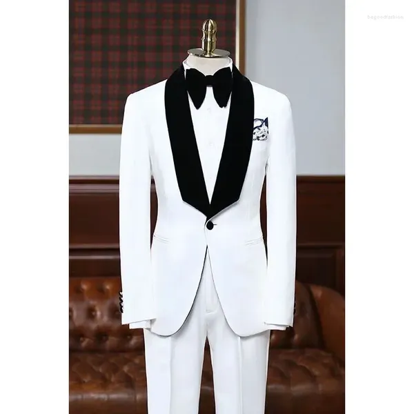 Trajes para hombre, chaqueta blanca de 2 piezas, pantalones, conjunto de trajes, solapa de chal negro, un solo pecho, botón Onr, ropa de boda ajustada, 2024 Blazer Hombre