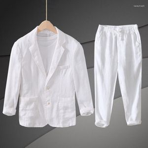 Herenpakken witte blazer voor man linnen pak heren lente herfst zomer casual marineblauwe mannen 2 -delige broek en jas