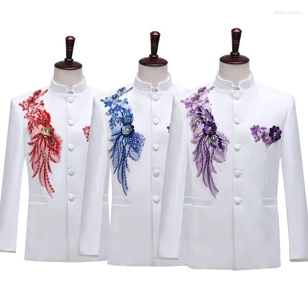 Costumes pour hommes Blazer blanc Pantalon Set pour hommes tunique chinoise paillettes broderie fête robe de mariée garçons d'honneur slim fit smokings mâle 2 pièces costume