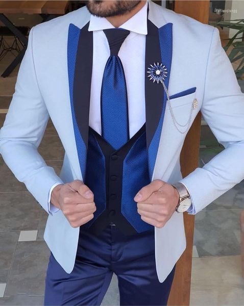 Trajes de hombre blanco azul novio esmoquin para boda graduación hombres 3 piezas fumar Formal Slim Fit ceremonia hombre ropa conjunto chaleco chaqueta pantalones