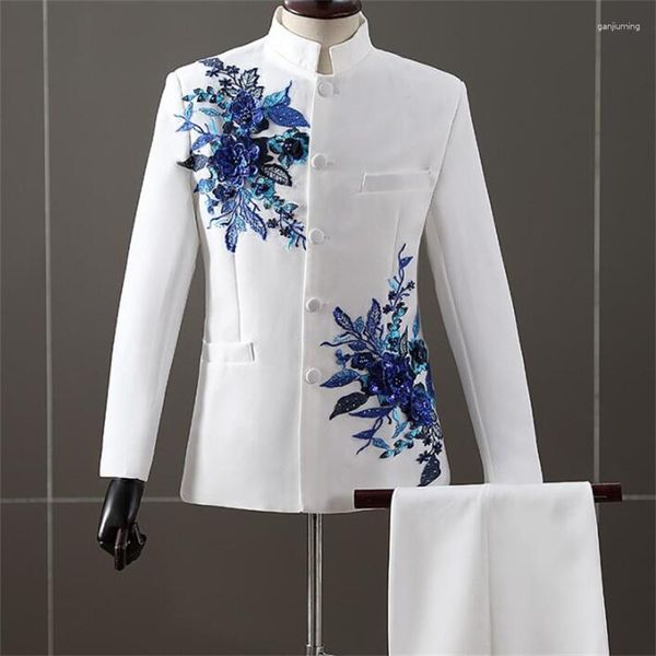 Trajes para hombres Traje de túnica chino blanco Blazers tridimensionales azules para hombres Chaquetas de último diseño Moda Escenario Estudiante Anfitrión Traje de coro