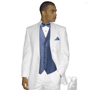 Costumes pour hommes manteau blanc gilet bleu sur mesure Blazer pantalon mariage hommes ensemble 3Pc veste pantalon Slim Fit vêtements fête porter smoking