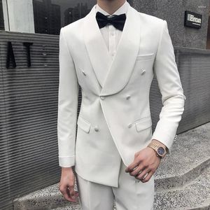 Costumes pour hommes Blanc élégant hommes 2 pièces mode châle revers double boutonnage tenues fête bal formel marié mariage smoking blazer pantalon