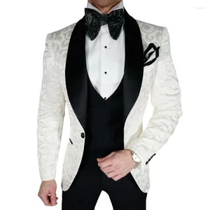 Herenpakken Wit Jacquard Blazer Zwart Vest Broek 3 stuks Voor Bruiloft Aangepaste Formeel Feest Diner Traje Elegante Hombre