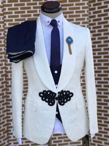 Costumes pour hommes manteau Jacquard blanc avec gilet rouge pantalon 3 pièces noeud chinois et boucle de bobine mariage classique pour hommes formel Slim Fit