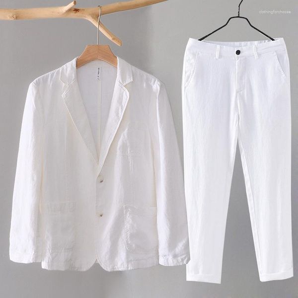 Costumes pour hommes blanc lin costume printemps été coton veste décontractée homme mince 2 pièces ensemble Blazer à manches longues pantalon mode 2023