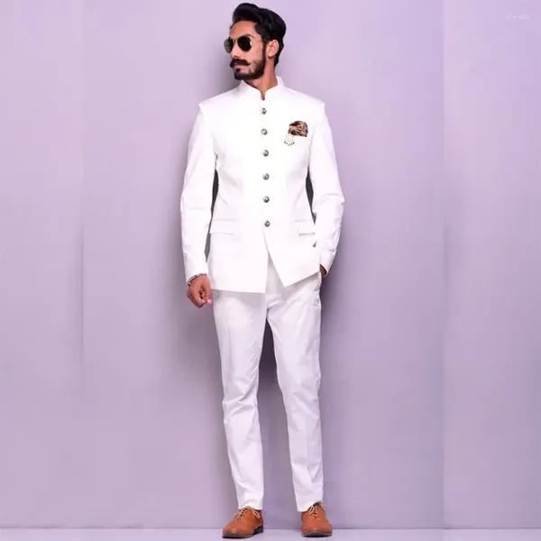 Trajes de hombre, chaqueta larga blanca, pantalones, 2 piezas, solapa con soporte de un solo pecho, ropa africana para hombre, traje Formal de fiesta ajustado para hombre