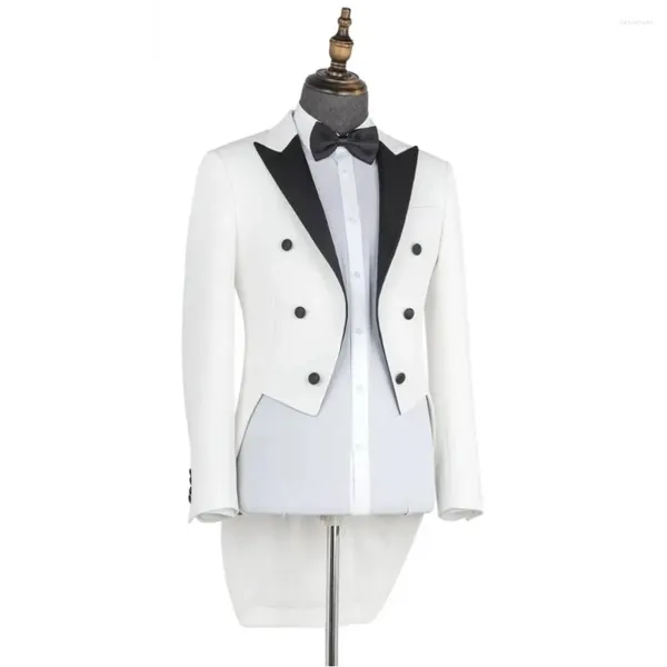 Costumes pour hommes Blanc Hommes 2 pièces Veste longue Pantalon noir Mariage Tuxedo Blazer Peaked Revers Formel sur mesure Grooms Homme Robe de bal