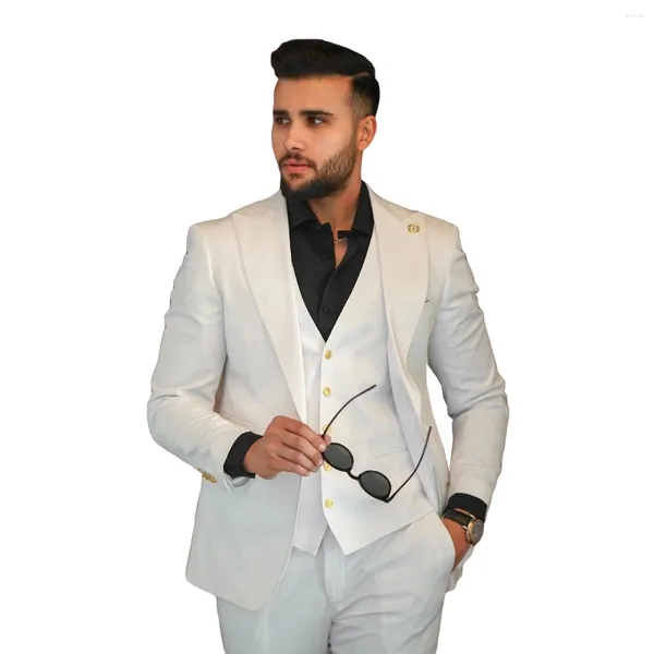 Trajes de hombre, esmoquin de boda blanco para hombre, 3 piezas, solapa con visera, trajes para hombre de graduación para novio, conjuntos de pantalones (chaqueta, chaleco, pantalones) hechos a medida