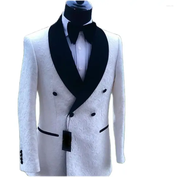 Costumes pour hommes Blanc PAISLEY Hommes avec châle en satin noir Revers 2 pièces Veste Pantalon Dîner Mariage Marié Robe de bal Costume Homme